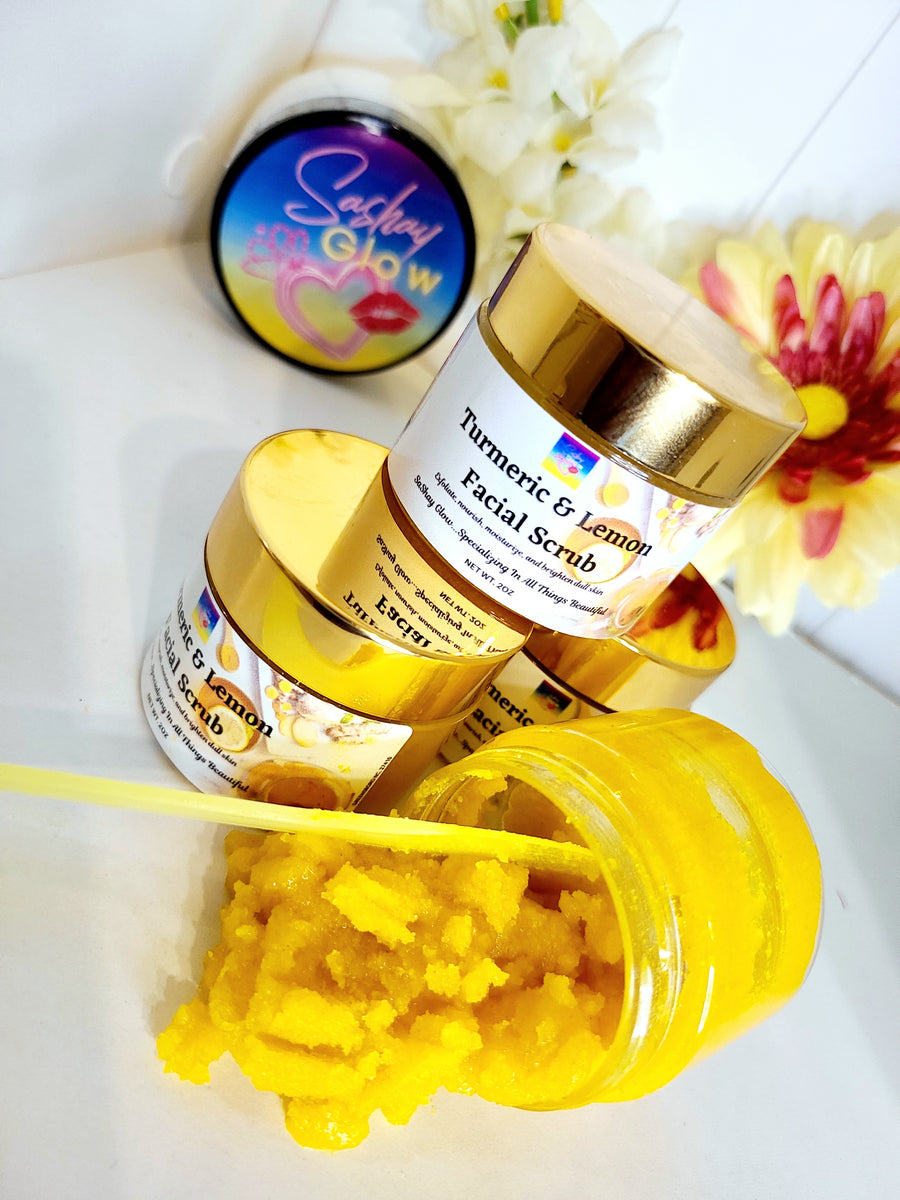 Glow Up Turmeric and Lemon Facial Scrub. Gently exfoliates to remove dead skin. Full of Antioxidant, vitamins, anti-aging, and moisturizing properties.  